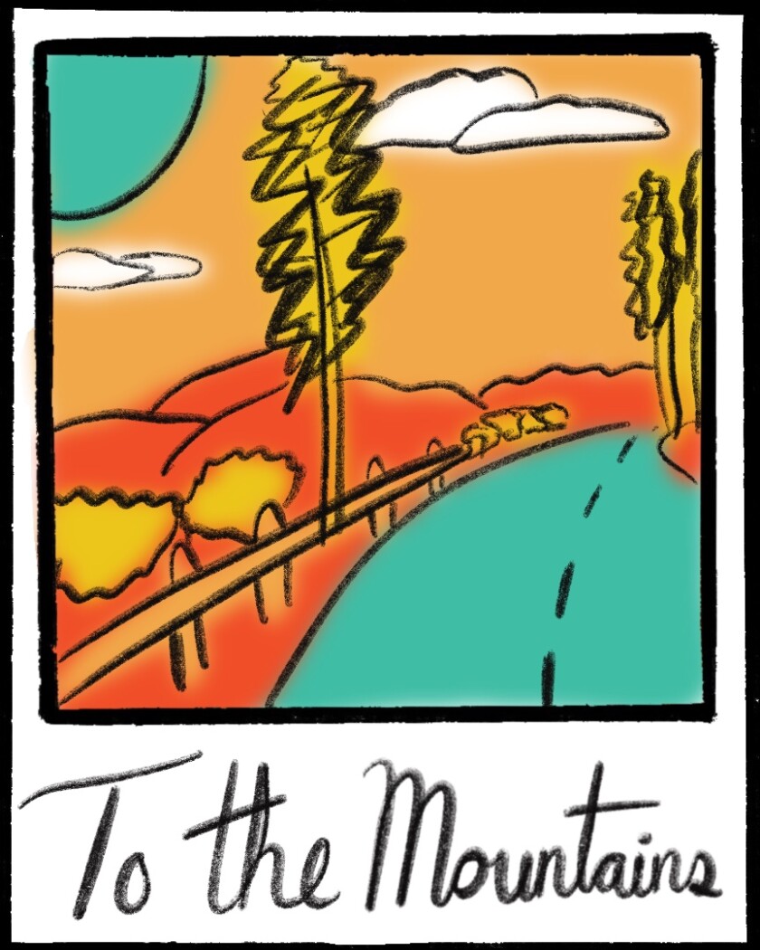 Illustration of a Polaroid photo showing a mountainside highway with the words "To the mountains"