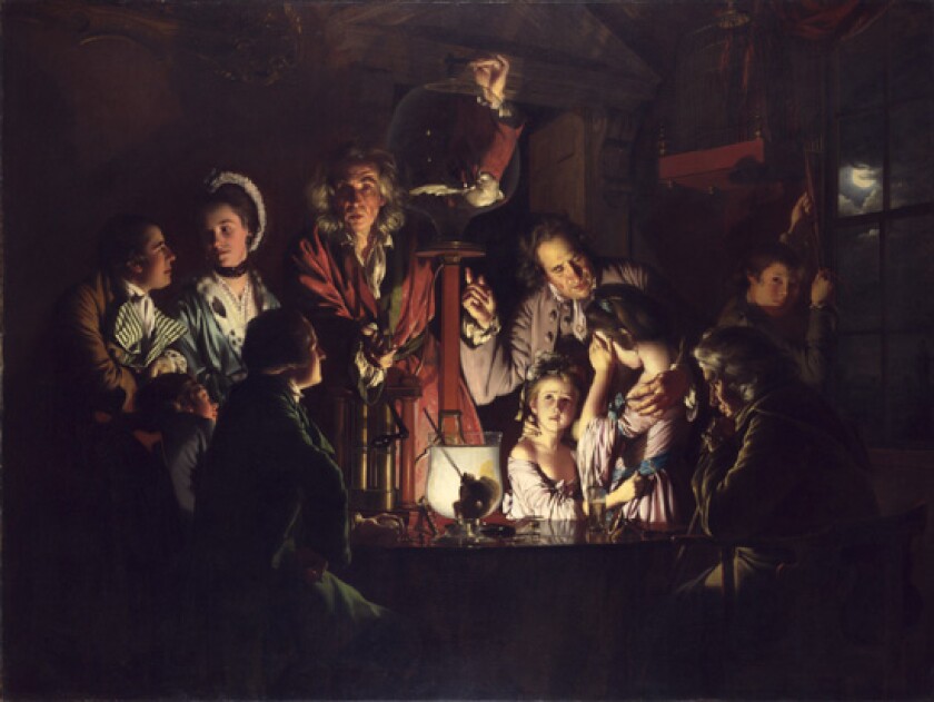 A painting of a group of people in period dress watching a bird caught in glass