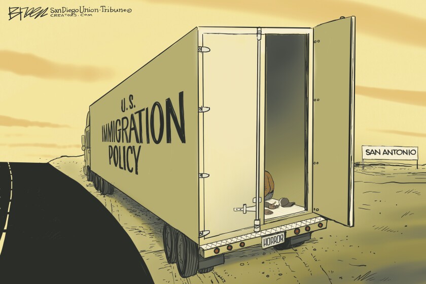 Steve Breen looks at the horror and heartbreak of the San Antonio migrant story in this latest cartoon