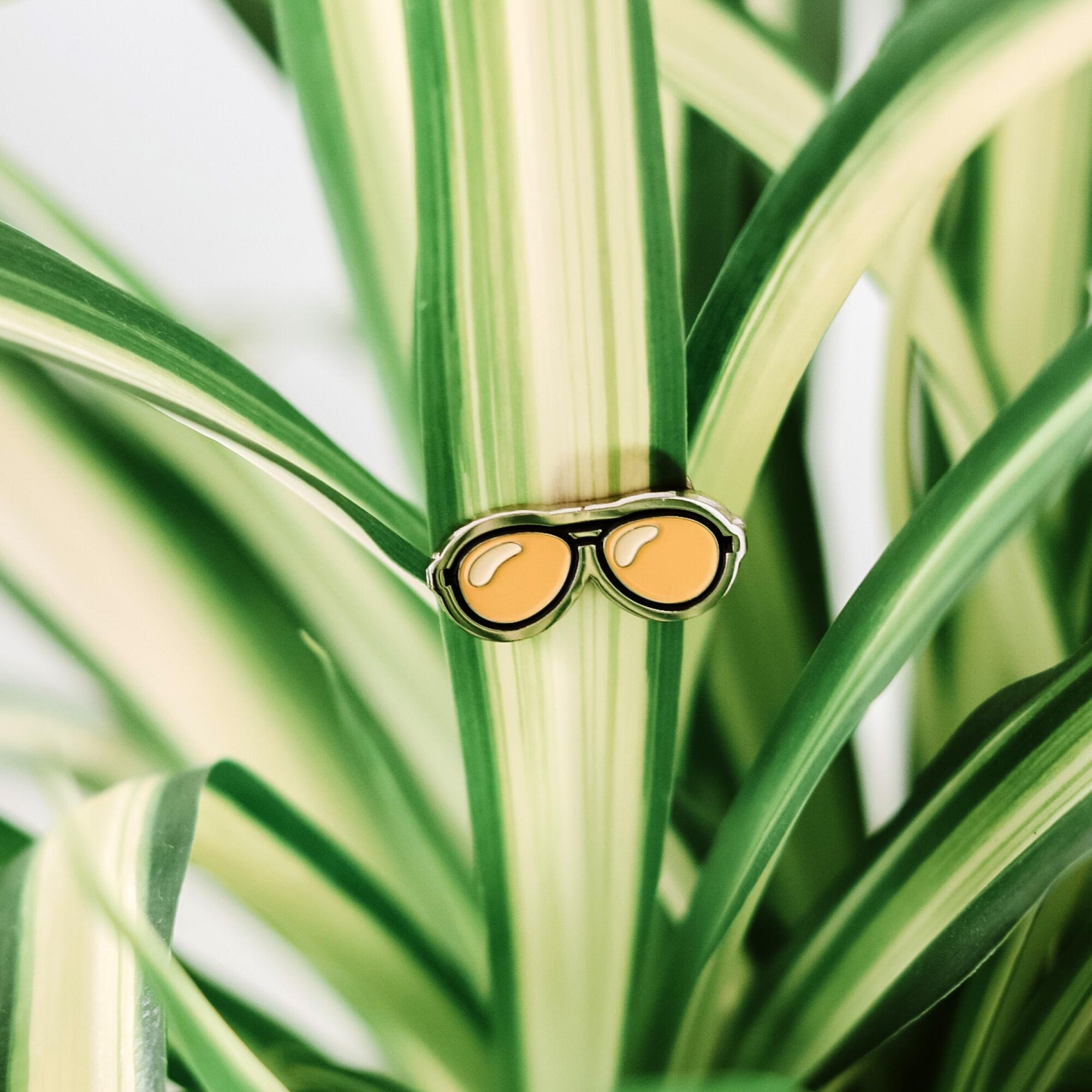 A magnetic eyeglasses pin on a plant.