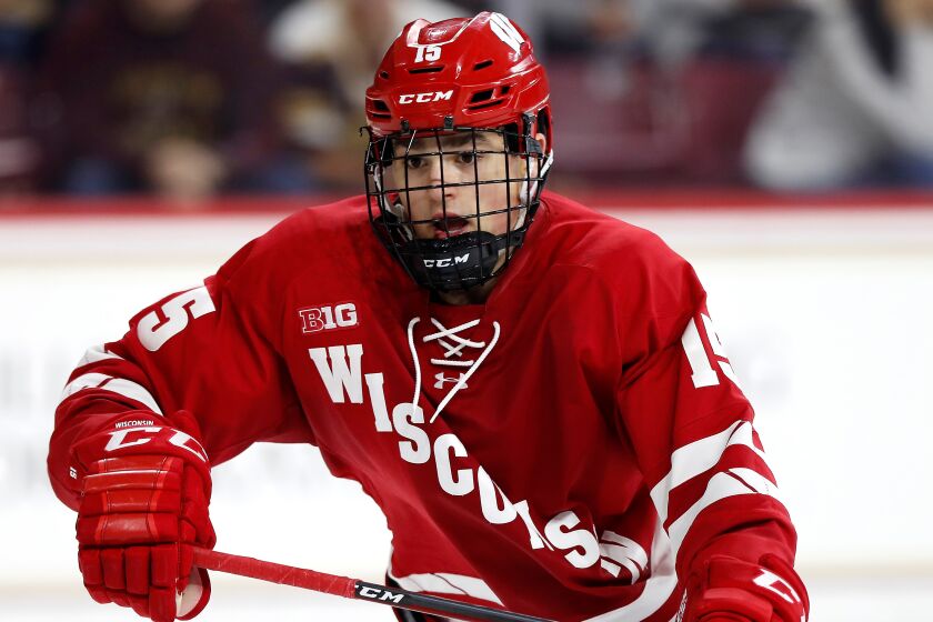 Wisconsin's Alex Turcotte during an NCAA hockey game against the Boston College on Friday, Oct. 11, 2019 in Chestnut Hill, Mass. (AP Photo/Winslow Townson)