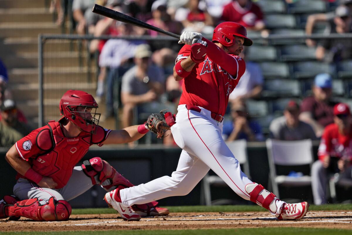 Left-handed batter Ryan Noda at the plate during spring training