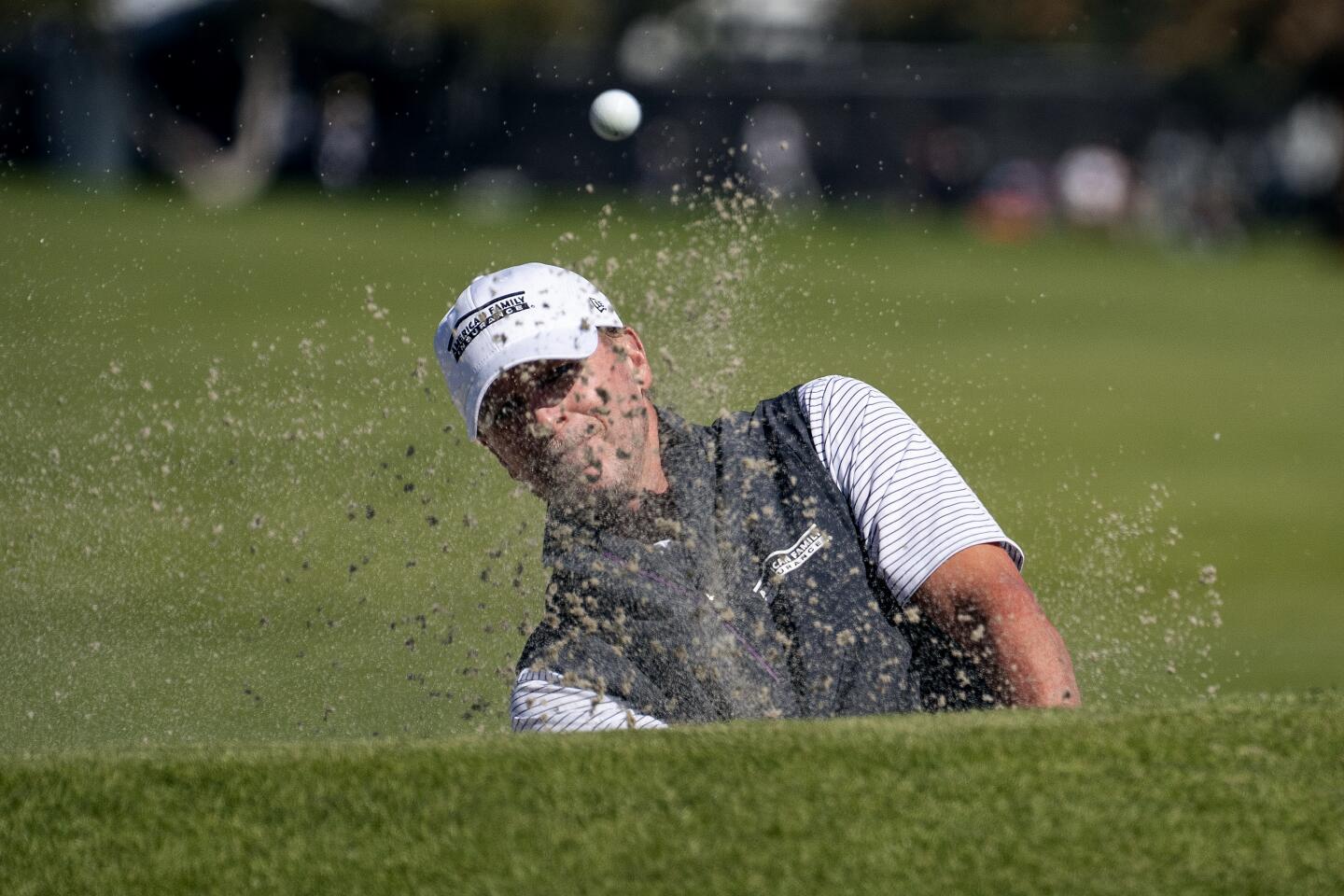 Steve Stricker hits out of the bunker on the third hole during the first round of the Genesis Invitational at Riviera Country Club on Feb. 13, 2020.