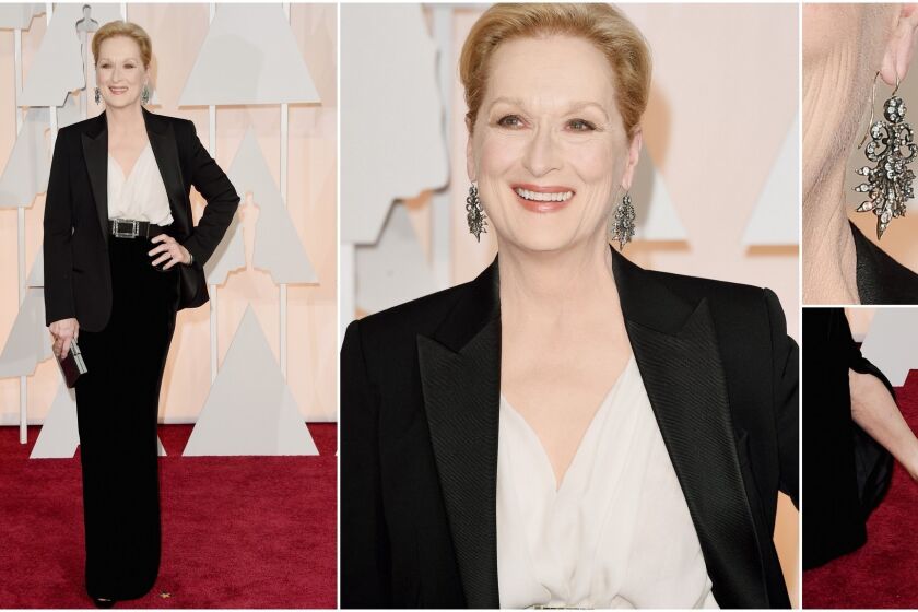 The Oscar favorite wore this Lanvin creation to the 2015 Academy Awards. The black satin jacket, white silk draped blouse and black velvet column skirt were custom made by Alber Elbaz.