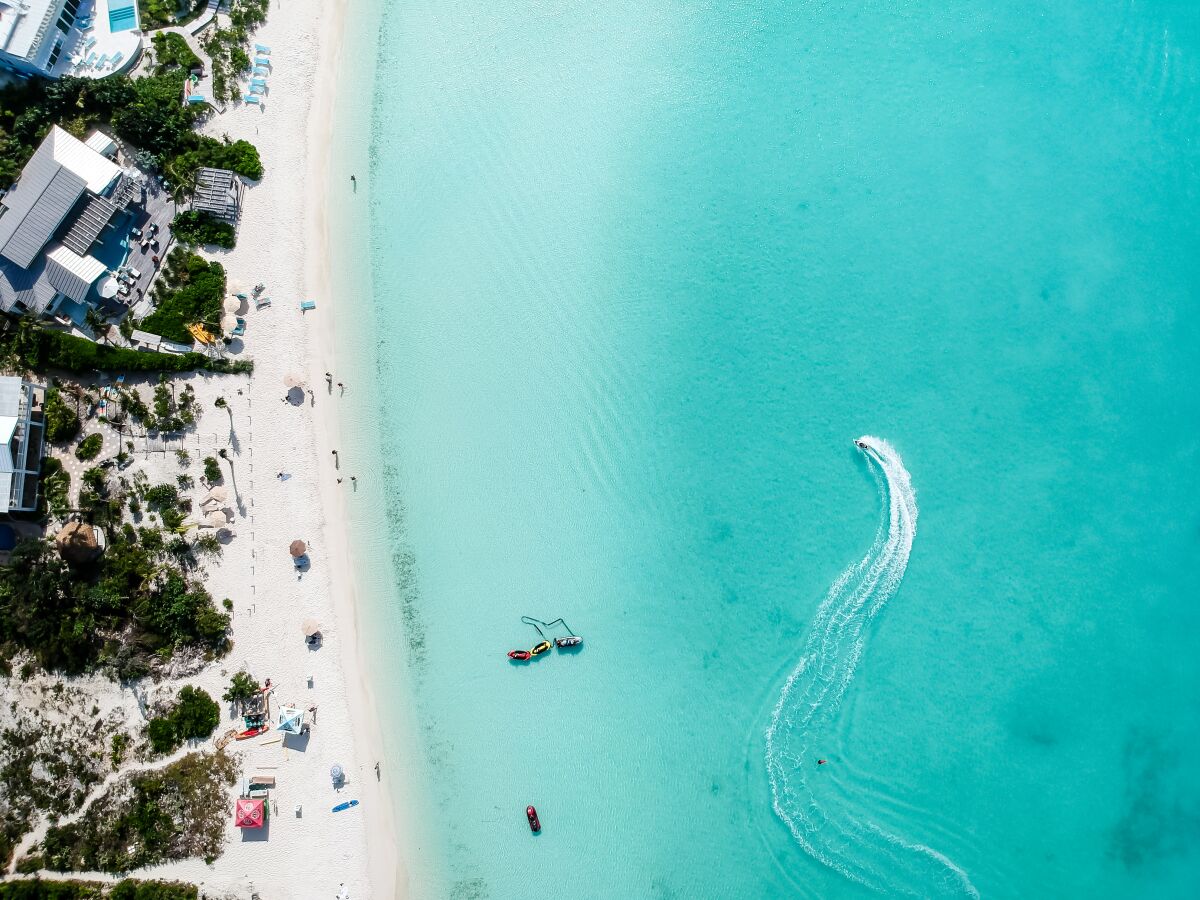 Drone photo of a beach in Sapodilla Bay, Providenciales, Turks and Caicos.