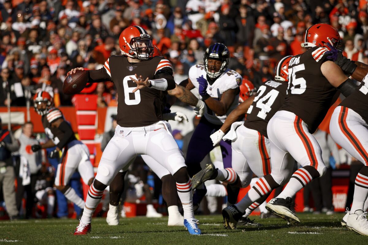 Cleveland Browns quarterback Baker Mayfield passes against the Baltimore Ravens.