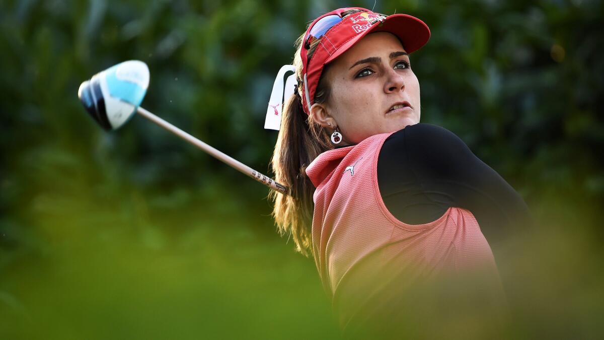 Lexi Thompson tees off during the first round of the Evian Championship in Evian-les-Bains, France.