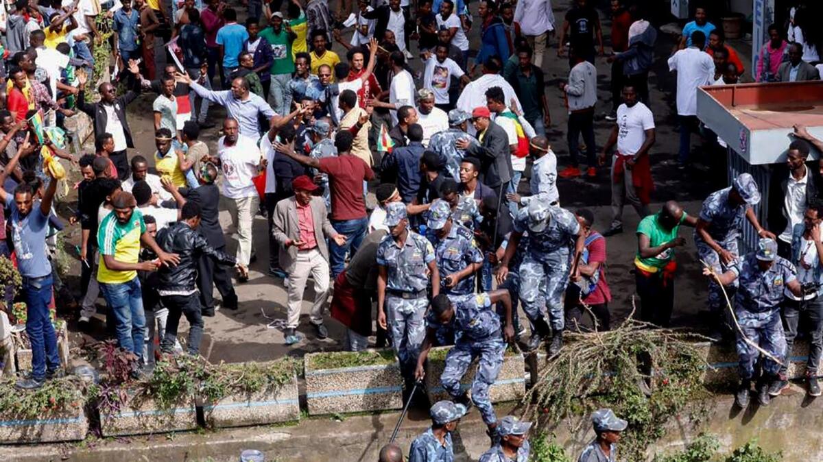 Ethiopian security forces descend on Meskel Square in Addis Ababa after the explosion.