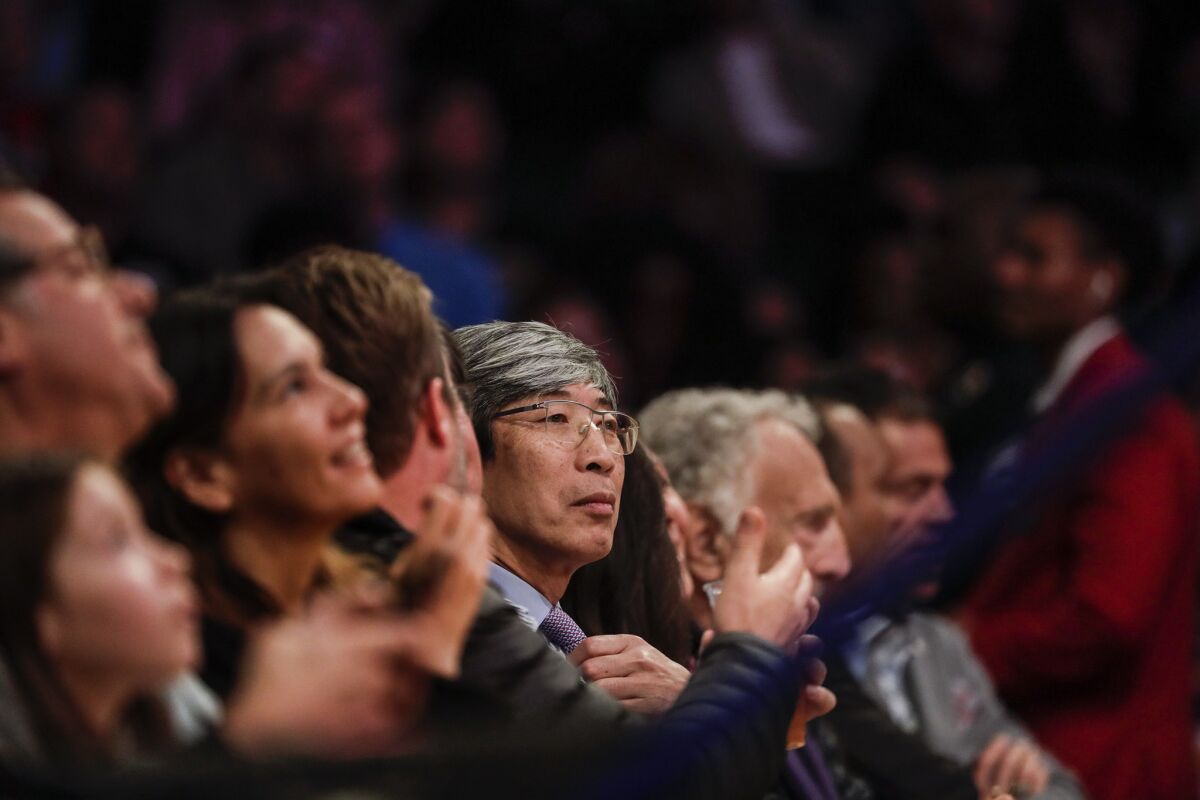 Dr. Patrick Soon-Shiong sits courtside at the Lakers vs. Spurs game at Staples Center earlier this month.