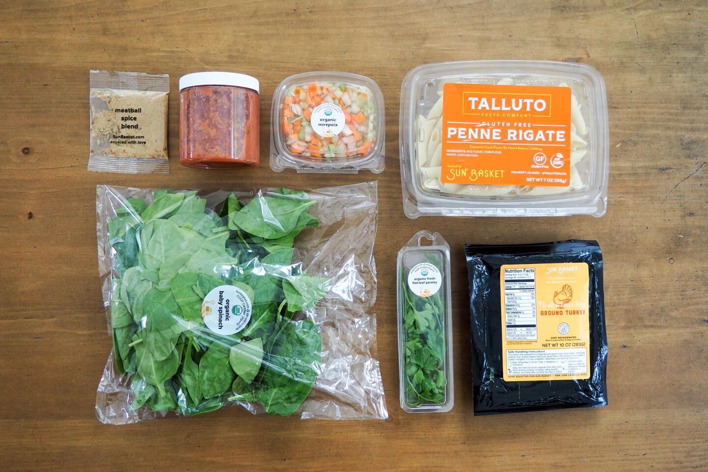 Ingredients for the Sun Basket turkey meatballs with penne in marinara sauce with spinach.