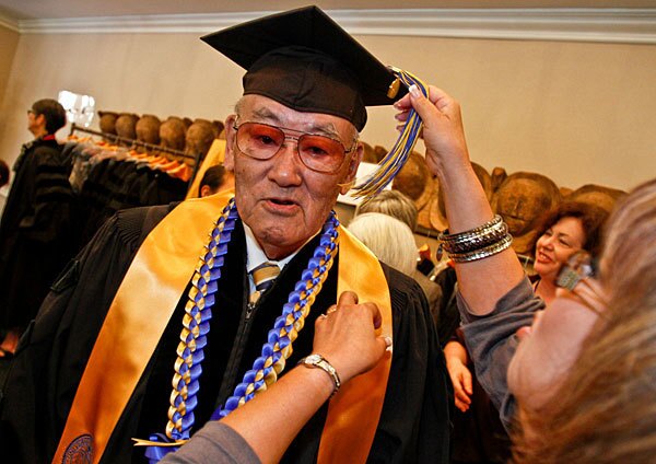 Toshio Matsumoto gets ready backstage. "It's been a long time coming. I never thought it would happen," said the retired electrical engineer from Sacramento.