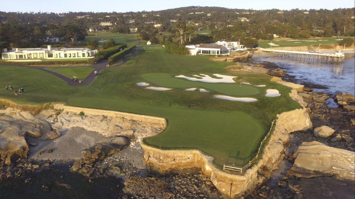 This Nov. 8, 2018 photo shows an aerial view of the 18th tee and 17th green of the Pebble Beach Golf Links. The U.S. Open golf tournament is scheduled at Pebble Beach from June 13-16, 2019.