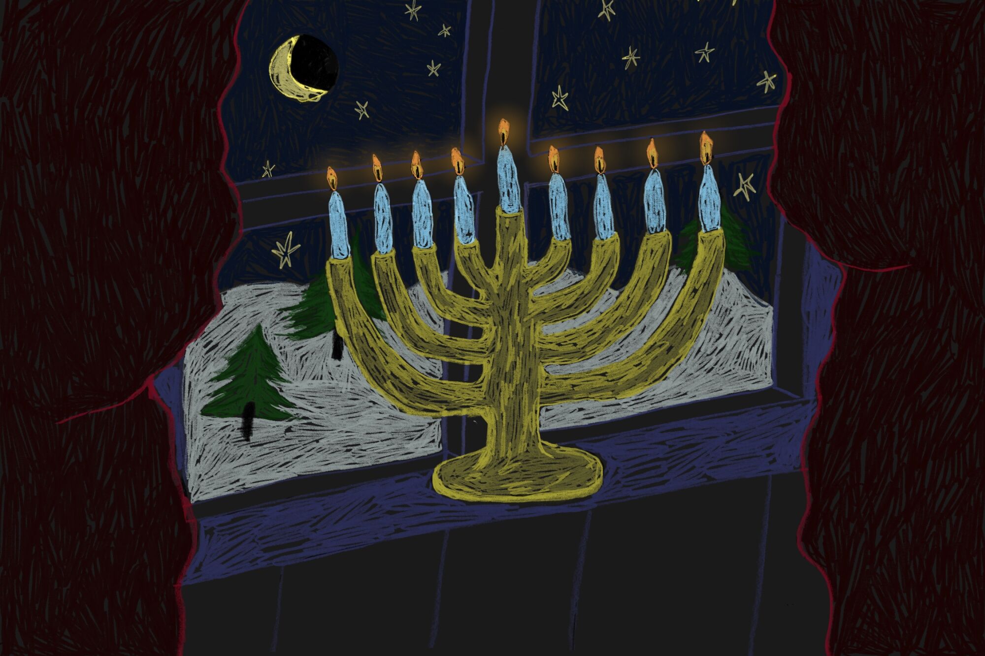 A menorah in front of a window through which snowy moonlit hills are visible.
