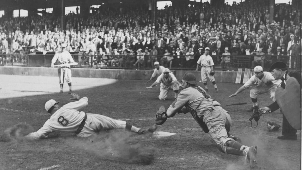 A runner slides into home plate at a Hollywood Stars game in 1939.