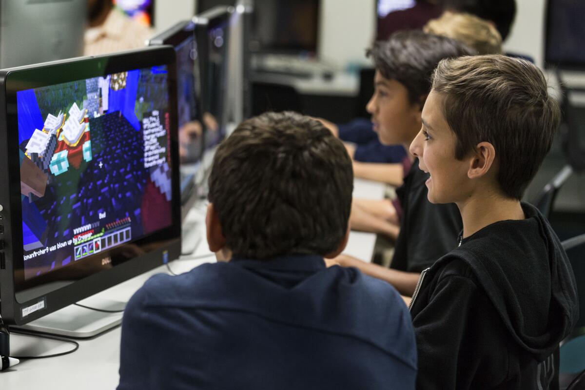 Brayden Foxhoven reacts to action in a "Minecraft" game during a lunchtime Twitch Club at Viewpoint School in Calabasas.