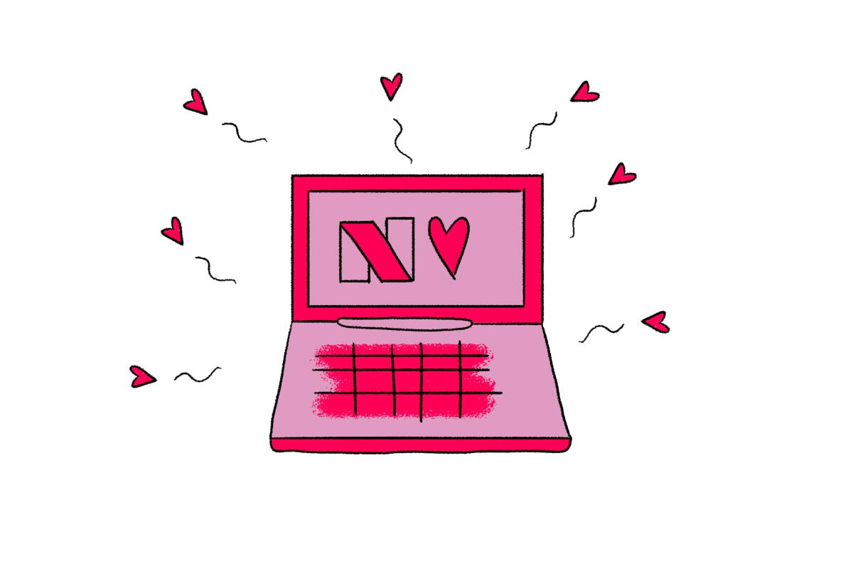 Illustration of an open laptop displaying a heart and a Netflix logo.