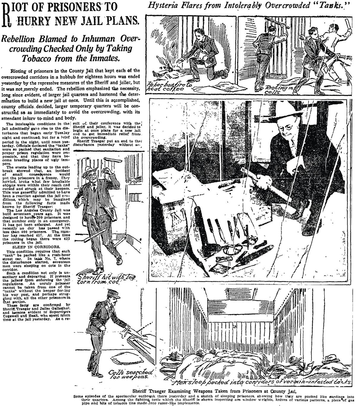 A page from a newspaper with an article about a prison riot, with a photo and drawings.