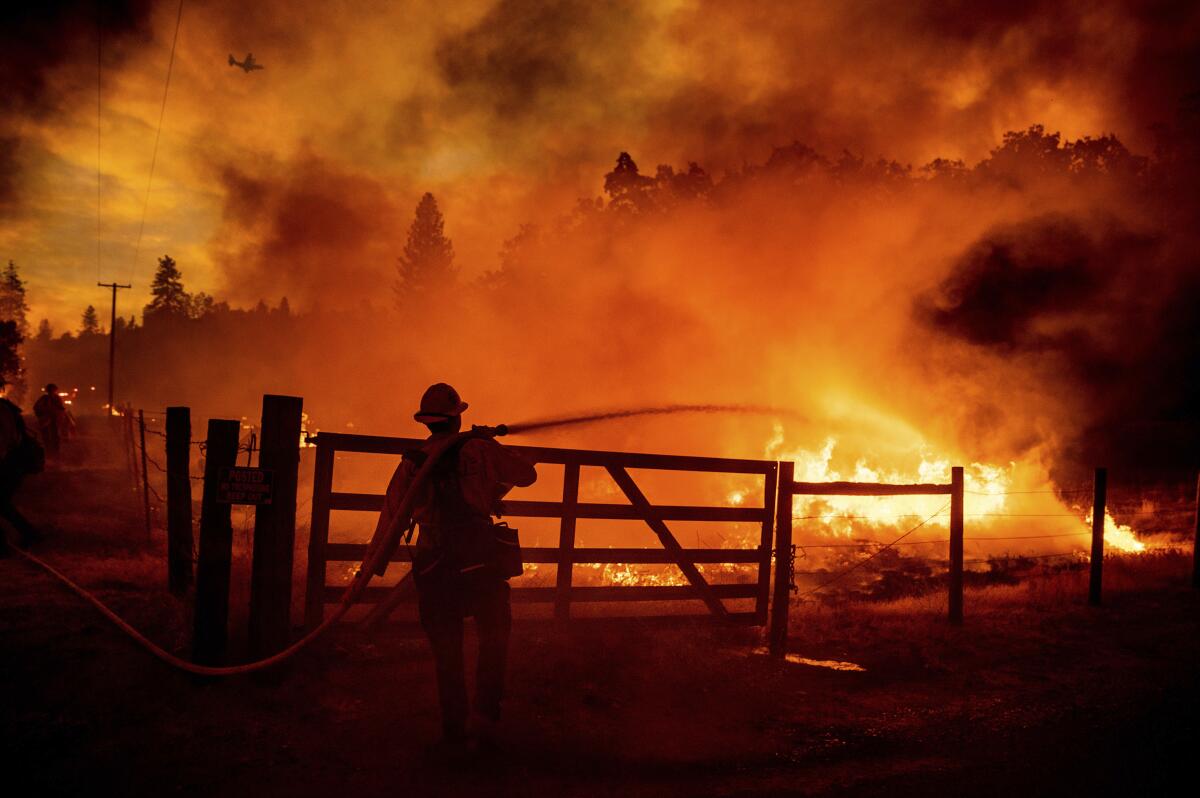 A firefighter sprays water from a hose onto flames burning in brush behind a wooden gate