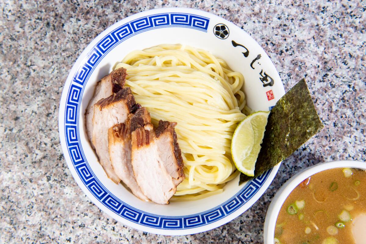 An overhead photo of a bowl of Tsujita LA's tsukemen ramen.