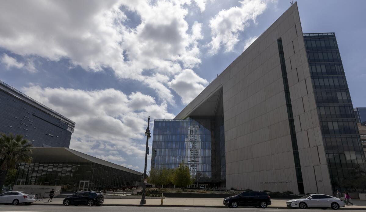 Clouds hang over the Los Angeles Police Department's headquarters.