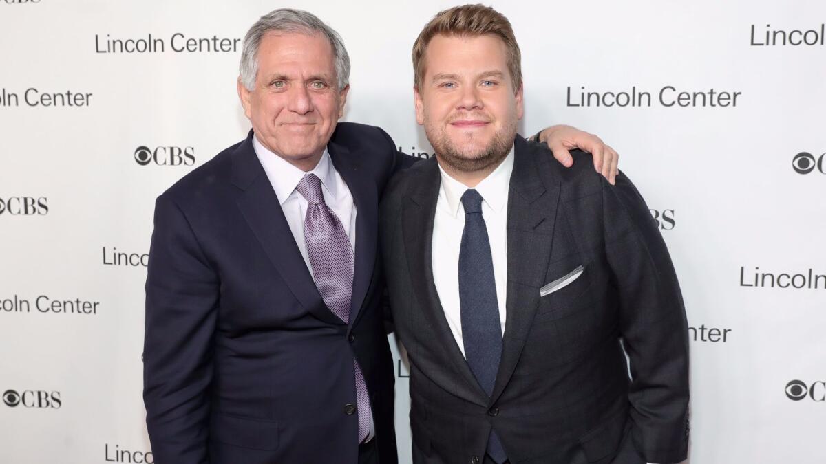CBS Corp. Chairman and CEO Leslie Moonves, left, greets late night talk show host James Corden at a Lincoln Center gala.