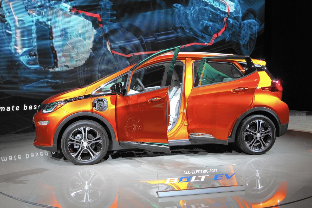 The all-electric Chevrolet Bolt EV is displayed at the 108th Annual Chicago Auto Show in February.