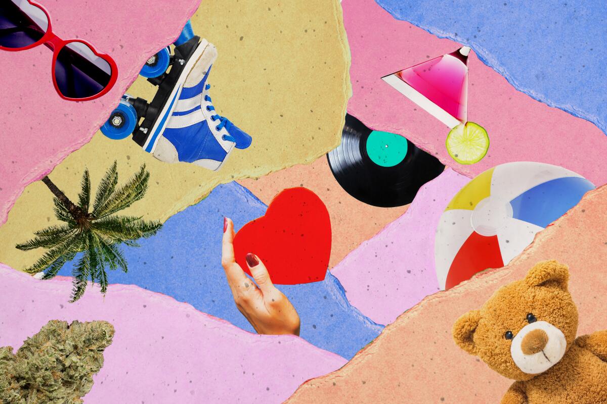 A photo collage with a heart, a teddy bear, sunglasses and a roller skate.