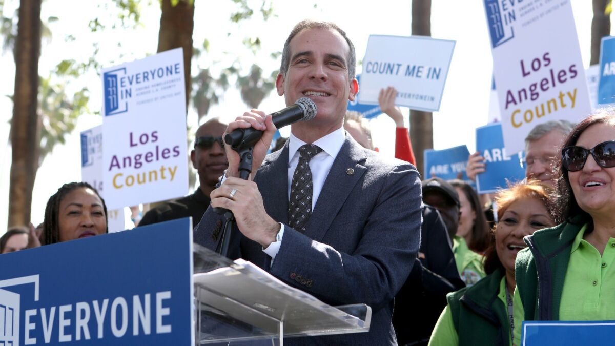Los Angeles Mayor Eric Garcetti speaks at the launch of "Everyone In," a campaign to bring people throughout L.A. County together around the goal of ending homelessness.