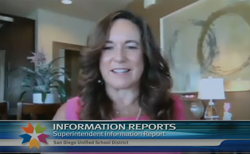 San Diego Unified School District Superintendent Cindy Marten speaks online during a board meeting in September. 