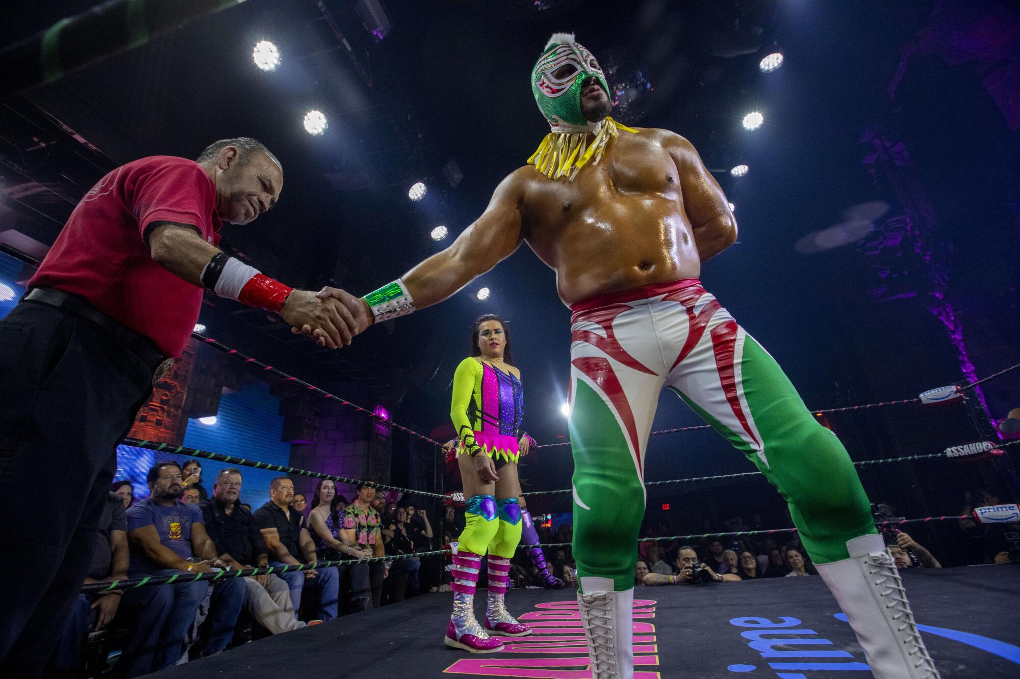 Luchador Misterioso Jr. shakes hands with the ref 