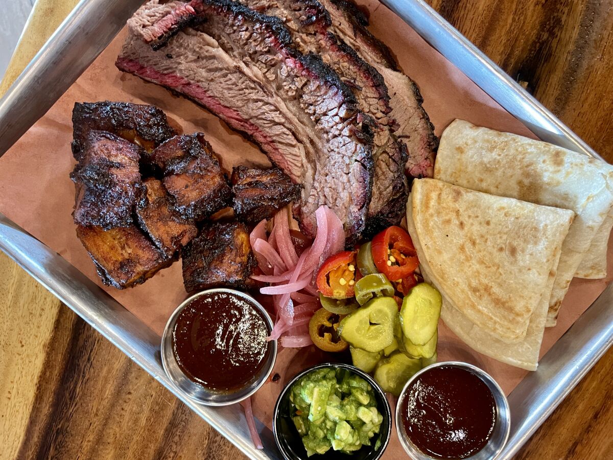 A tray of barbecue from Heritage Brewery & Barbecue in Oceanside