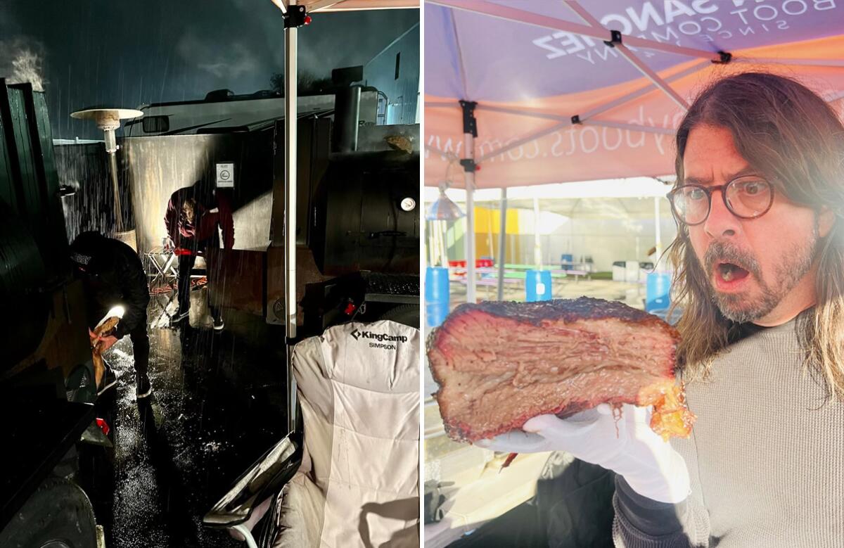 A picture of men tending to grills in the rain beside a picture of a man in glasses holding grilled meat