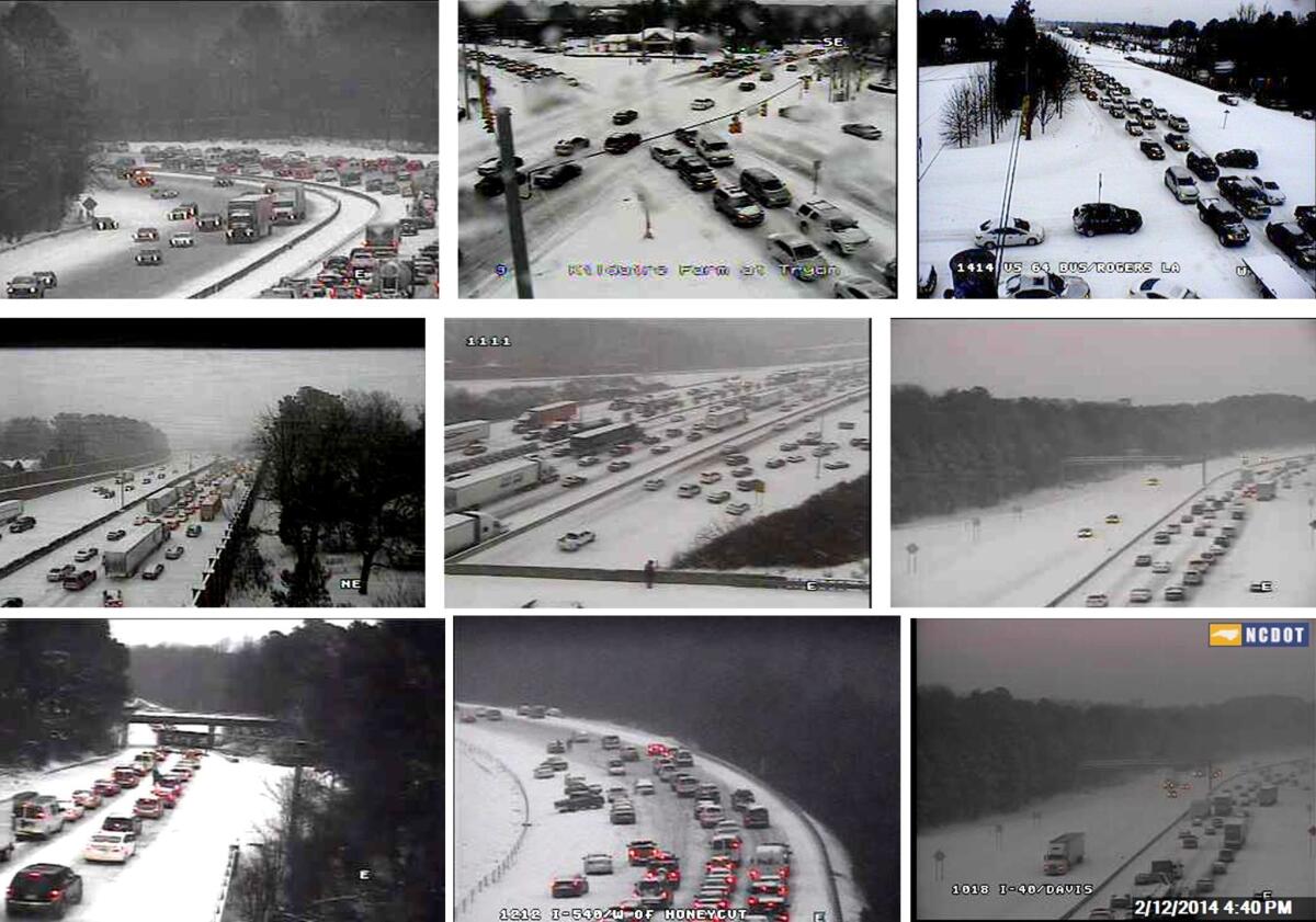 Nine still frames from the North Carolina Department of Transportation traffic cameras show the difficulties drivers faced in Raleigh.