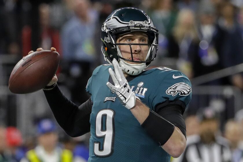 FILE - Philadelphia Eagles quarterback Nick Foles throws during the first half of the NFL Super Bowl 52 football game against the New England Patriots Sunday, Feb. 4, 2018, in Minneapolis. Brock Purdy's bid to join the select group of quarterbacks to go from a backup for most of the season to a Super Bowl starter got derailed when he suffered his own injury in the NFC championship game. There have been several examples of backups leading a team to the big game. (AP Photo/Matt Slocum, File)