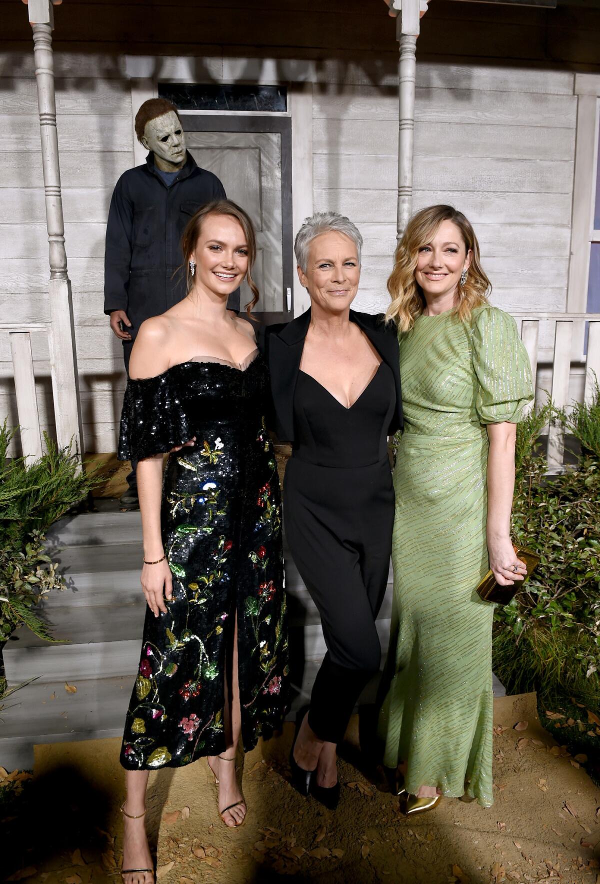 Andi Matichak, left, Jamie Lee Curtis and Judy Greer attend the Universal Pictures' "Halloween" premiere at TCL Chinese Theatre on Oct. 17 in Hollywood.