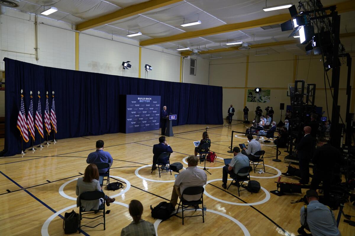 Democratic presidential candidate former Vice President Joe Biden speaks in Wilmington, Del.