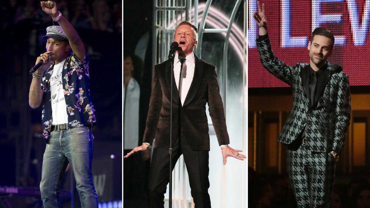 From left, Pharrell Williams, Macklemore and Ryan Lewis will join the MTV Video Awards lineup on Sunday.