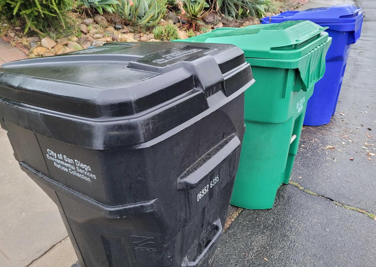 San Diego trash cans lined up for pickup.  