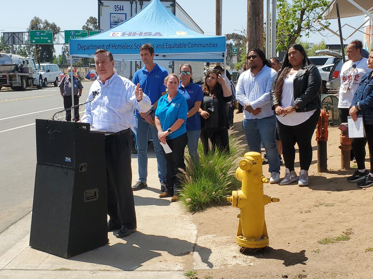 County Supervisor Joel Anderson speaks during a press conference April 29, 2022 near a homeless encampment outside El Cajon. 