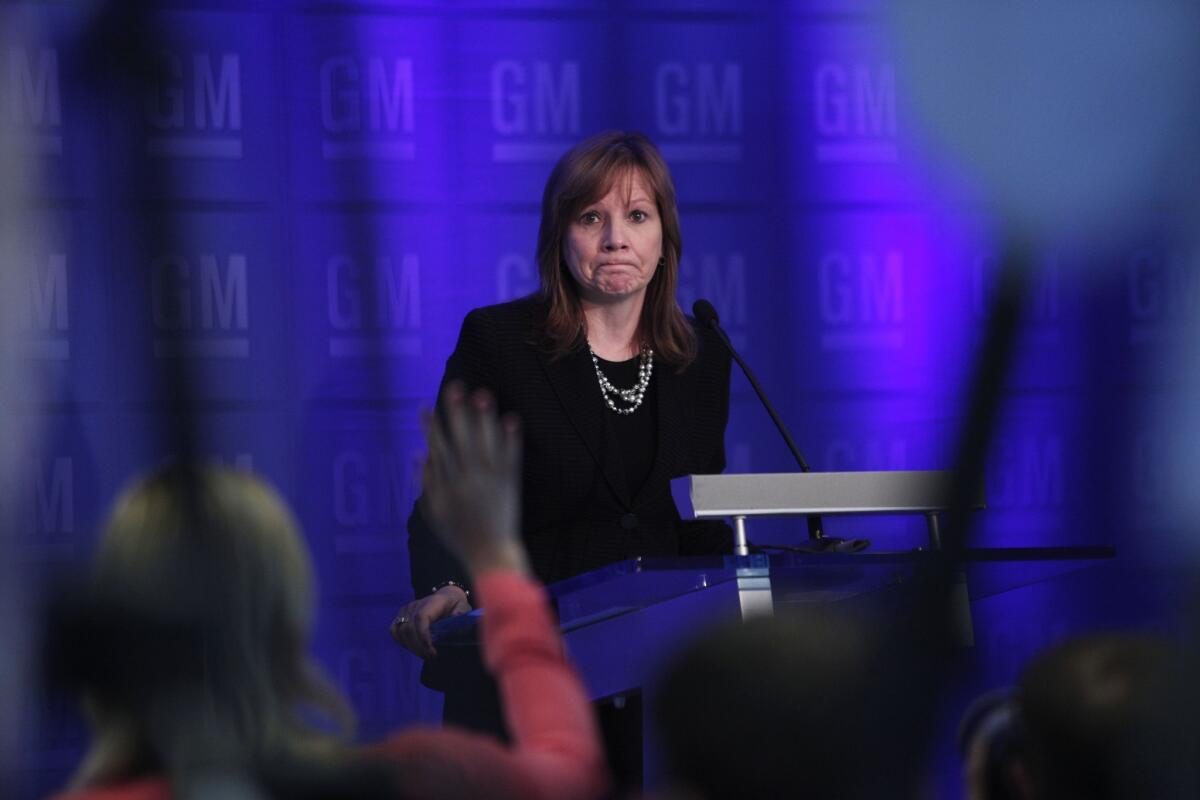 General Motors CEO Mary Barra briefs the media before addressing the company's shareholders at its annual shareholder meeting this month.