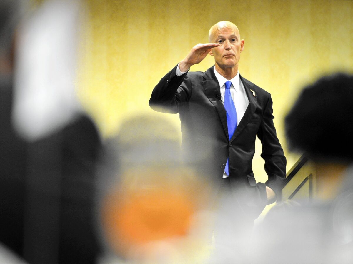 “You have more taxes than I can imagine getting rid of,” Florida Gov. Rick Scott said of California at a Valley Industry and Commerce Assn. luncheon Monday in Woodland Park.