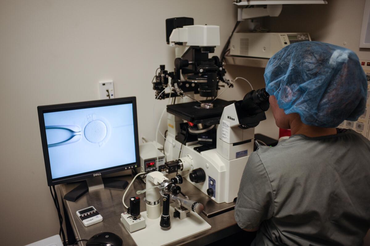 A person wearing a hair cap is seen at work with lab equipment and a screen. 