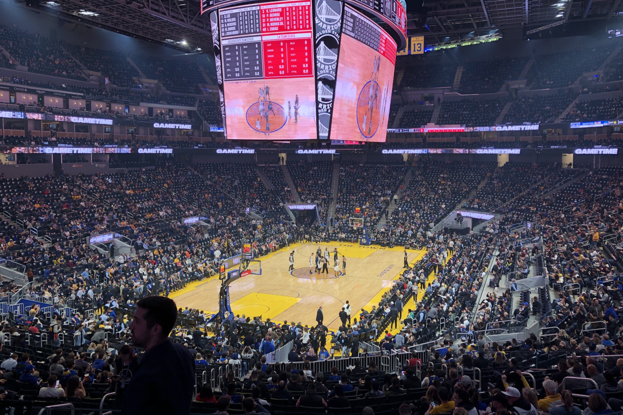 The Clippers play the Golden State Warriors in a half-full Chase Center on March 10, 2020.