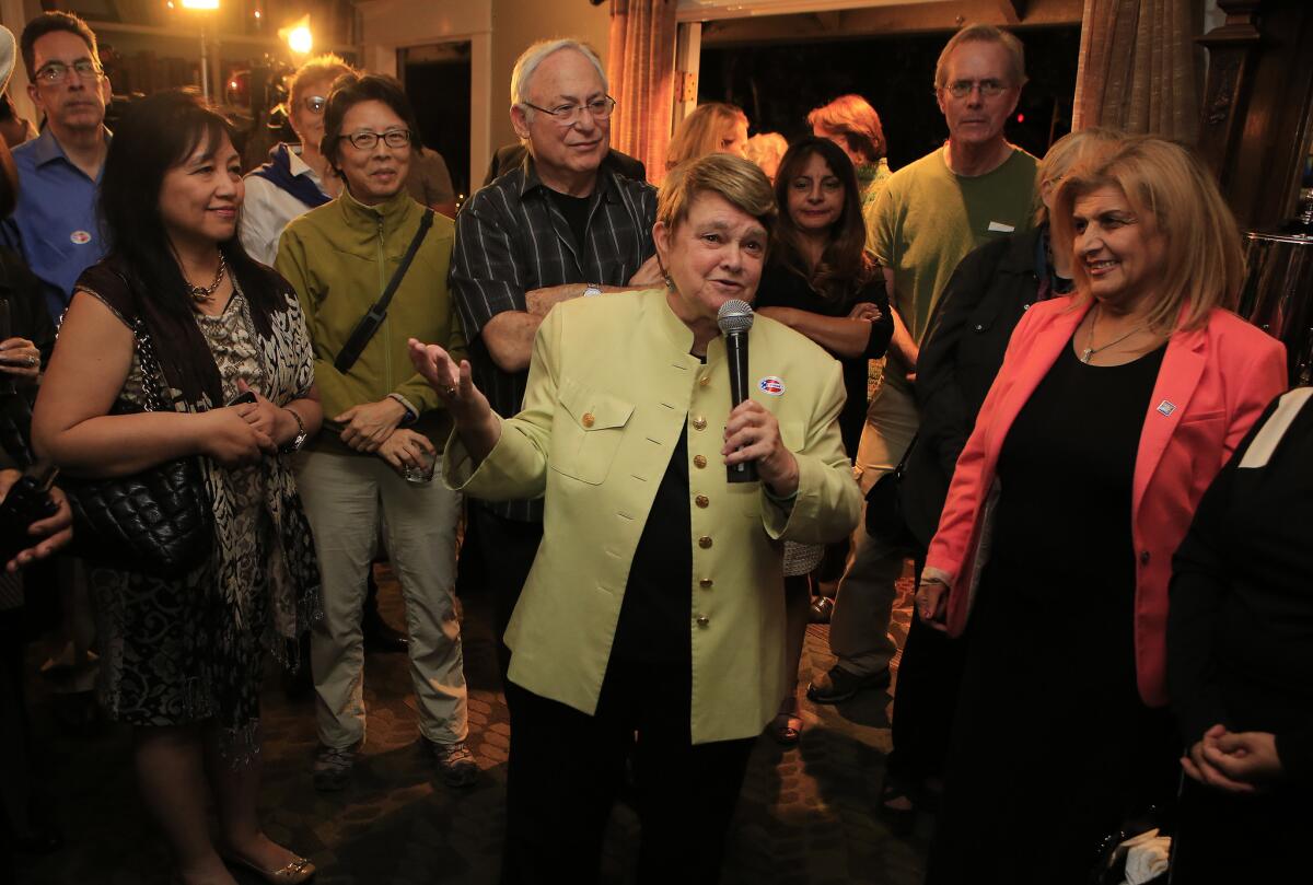 Los Angeles County supervisor candidate Sheila Kuehl speaks with supporters at an election night party Nov. 4 in Santa Monica.