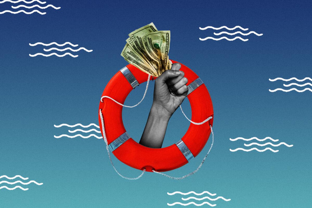 An illustration of a hand holding cash through a life raft.