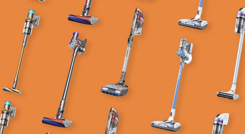 Array of cordless vacuums against an orange background