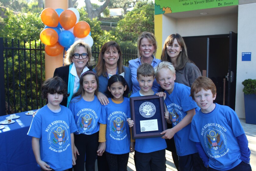 Del Mar Hills Academy students with Superintendent Holly McClurg, former Principal Julie Lerner, current Principal Andrea Sleet and Assistant Superintendent Shelley Petersen.