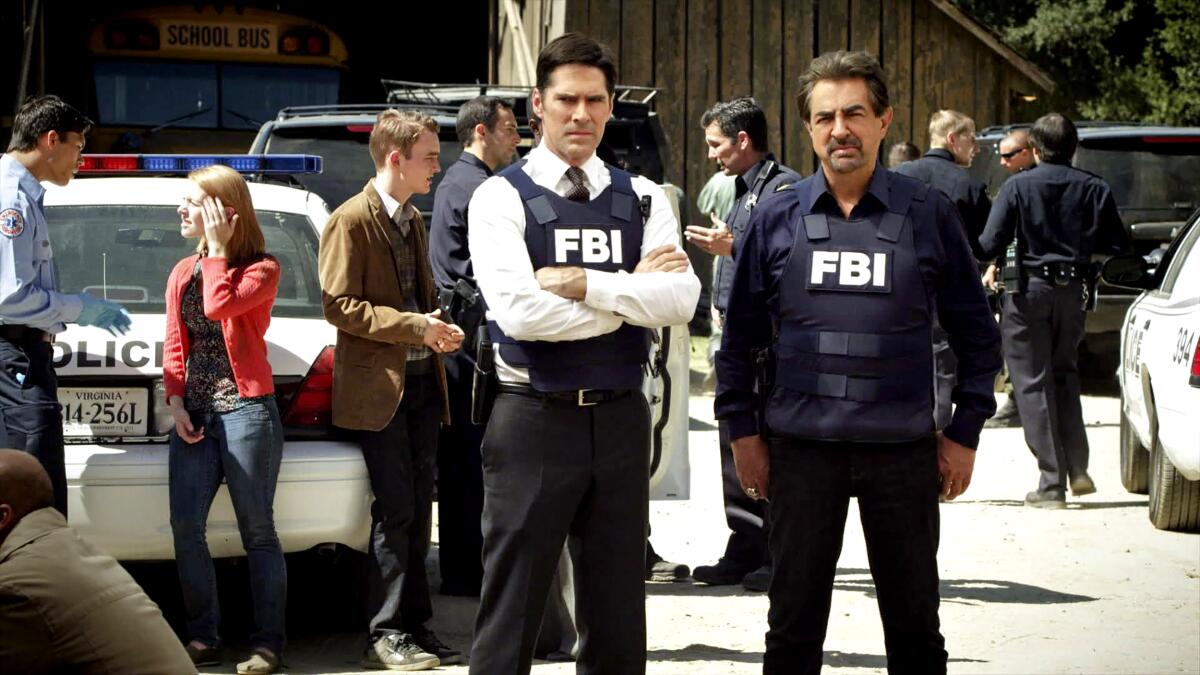 "Criminal Minds" actors Thomas Gibson, left, and Joe Mantegna on the set of the CBS police drama. 