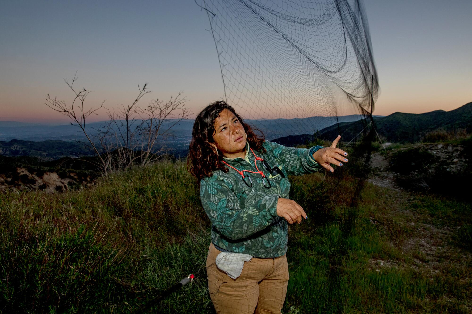 A woman standing on a mountain ridge before sunrise, handling a birding net