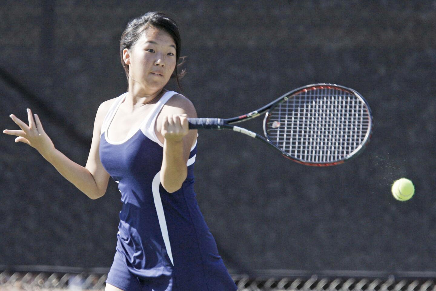 CV's Angela Seo hits the ball during a match against La Canada at La Canada High School on Wednesday, September 19, 2012.